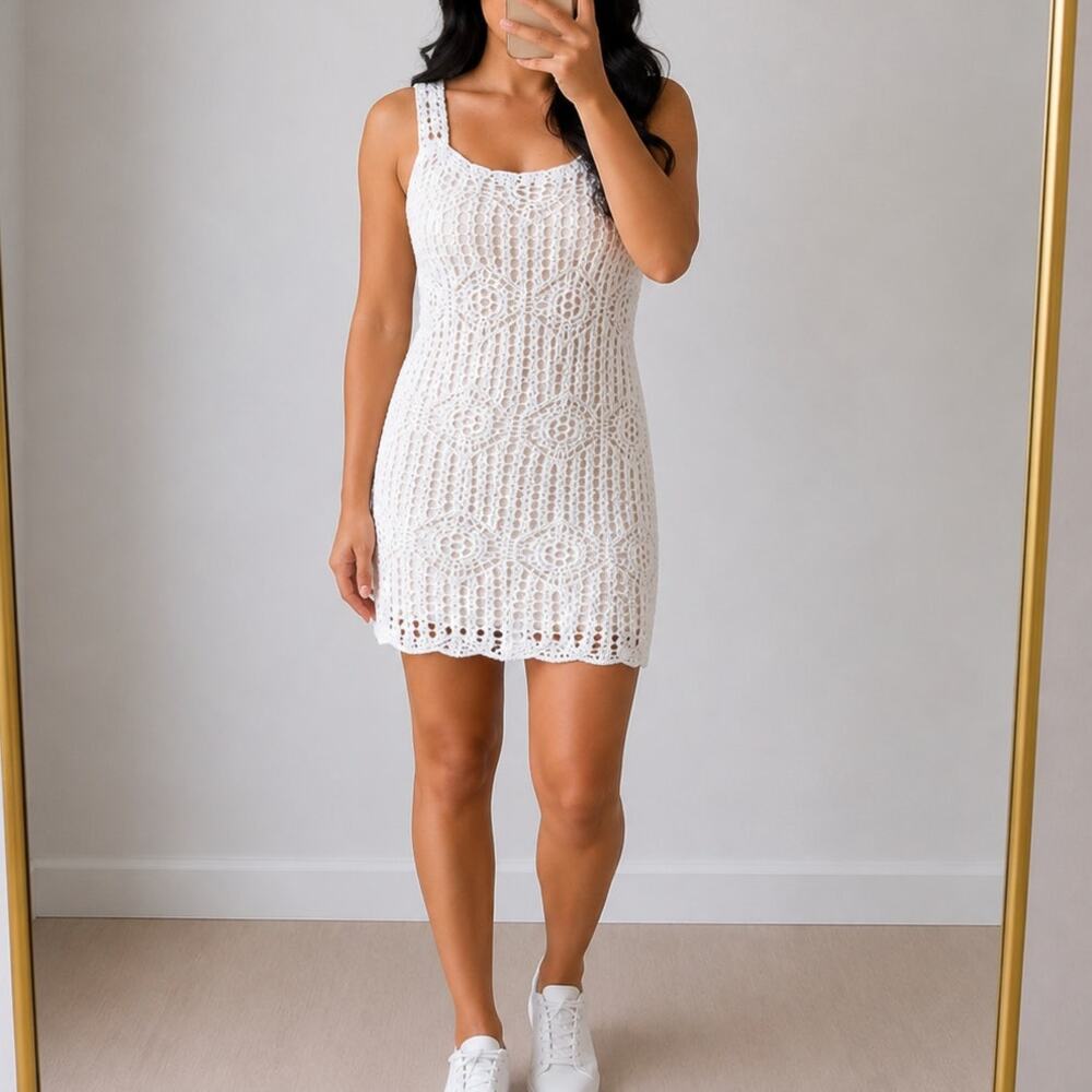 La Blanca 🌿White Crochet Cover Up Dress Lined Women’s Small Boho Beach Swimwear